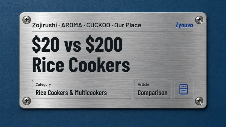 Zynuvo rating plate for the $20 vs $200 Rice Cookers comparison (Zojirushi, AROMA, CUCKOO and Our Place)