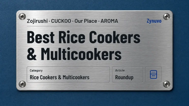 Zynuvo rating plate for the Best Rice Cookers & Multicookers roundup covering Zojirushi, CUCKOO, Our Place and AROMA