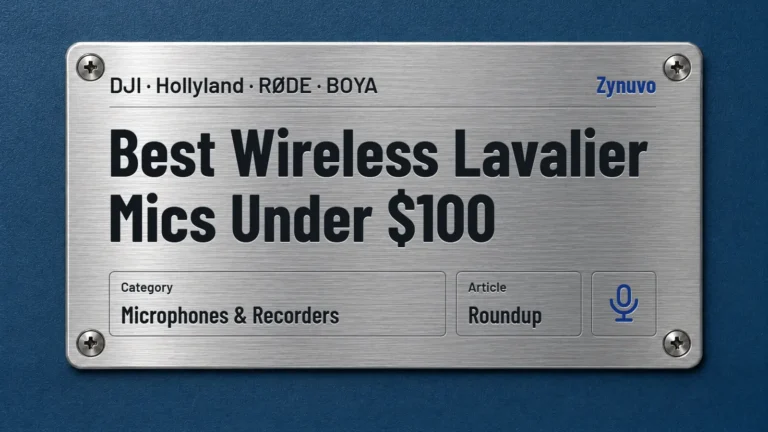 Zynuvo rating plate for the Best Wireless Lavalier Mics Under $100 roundup covering DJI, Hollyland, RØDE and BOYA