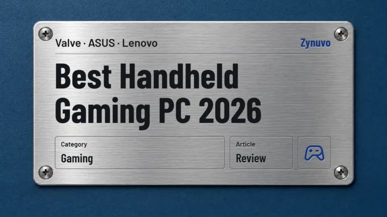 Zynuvo rating plate for the best handheld gaming PC 2026 comparison of Valve, ASUS and Lenovo handhelds