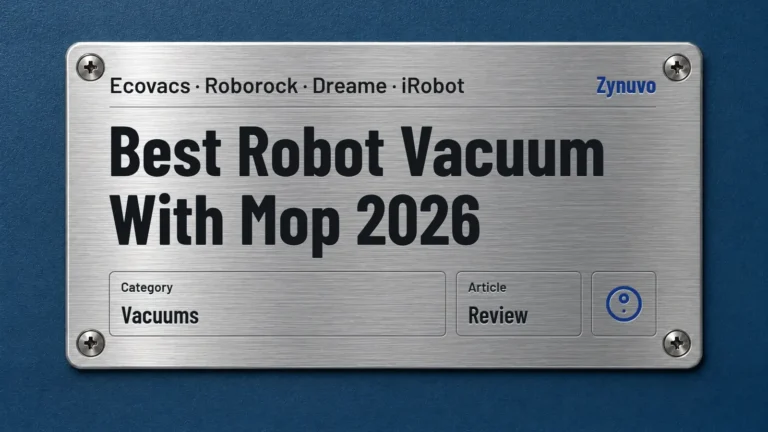 Zynuvo rating plate for the best robot vacuum with mop 2026 guide covering Ecovacs, Roborock, Dreame and iRobot