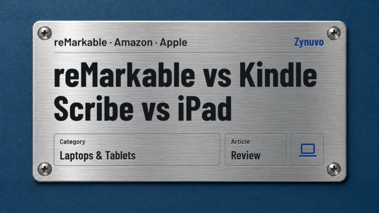 Brushed metal rating plate reading reMarkable vs Kindle Scribe vs iPad, with the brands reMarkable, Amazon and Apple, category Laptops & Tablets